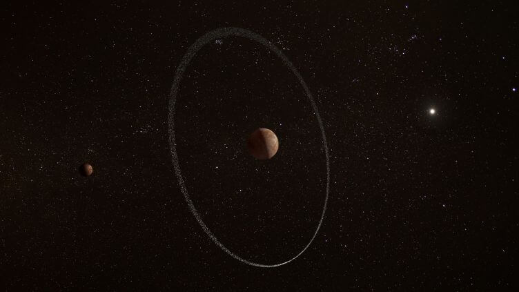 【▲ 図1: クワオアーと衛星ウェイウォット、そして環の想像図。 (Image Credit: ESA) 】