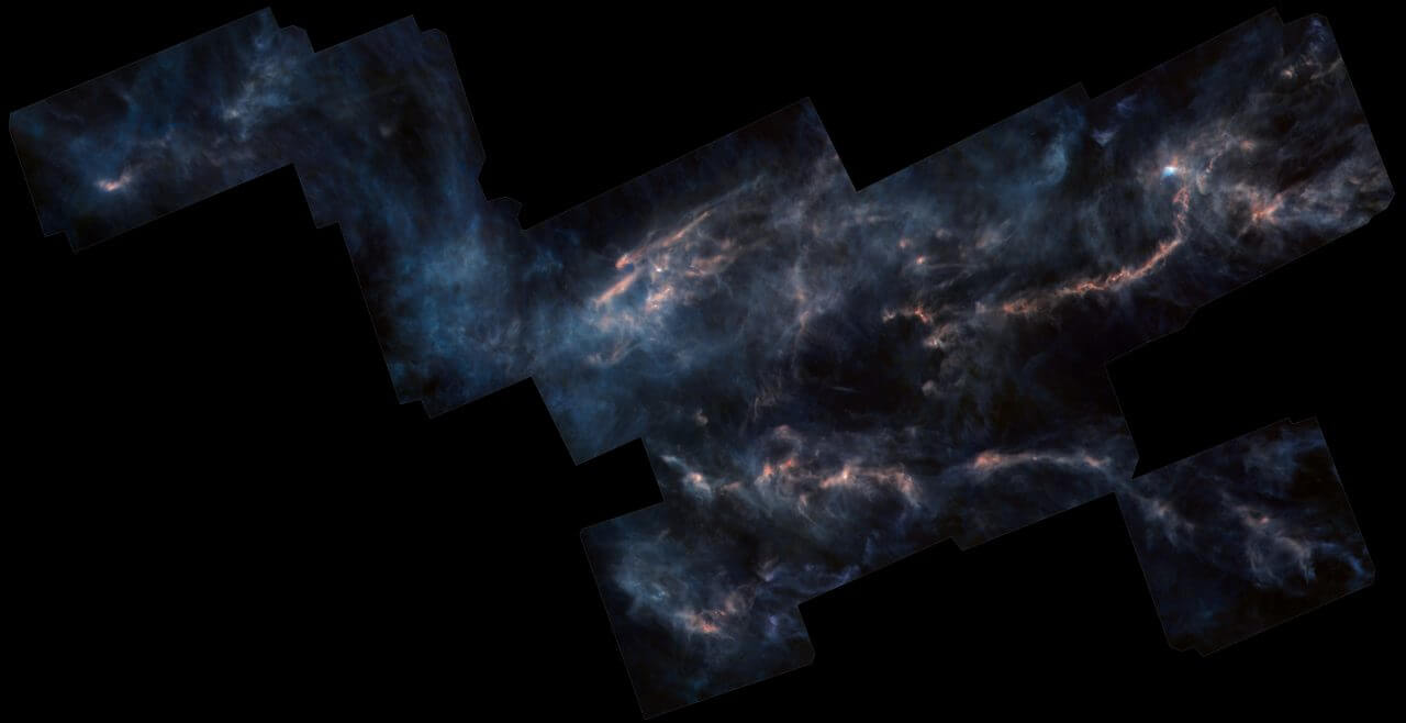 【▲ 図1: ハーシェル宇宙天文台が撮影したおうし座分子雲。 (Image Credit: ESA/Herschel/NASA/JPL-Caltech; acknowledgement: R. Hurt (JPL-Caltech) ) 】