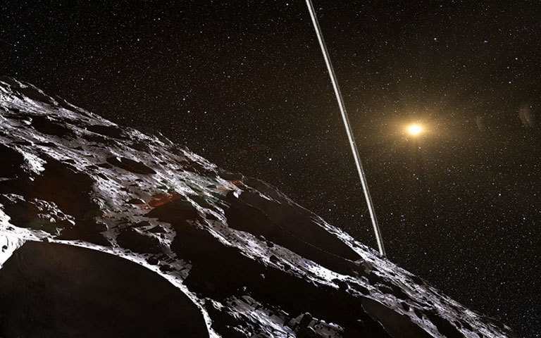 【▲ 図1: 小惑星カリクローの表面から見た2本の環の想像図。カリクローは太陽系の惑星以外で初めて環が発見された天体である。 (Image Credit: NASA/JPL)】