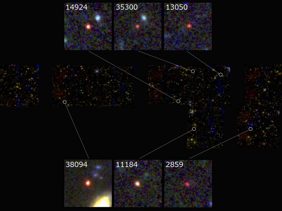 【▲ 図1: 今回発見された6個の “重すぎる” 銀河。左下の38094という番号の銀河は、質量は天の川銀河並であるが、直径は30分の1程度しかない。 (Image Credit: NASA、ESA、CSA、I. Labbe (Swinburne University of Technology) 、IDは筆者 (彩恵りり) による加筆) 】