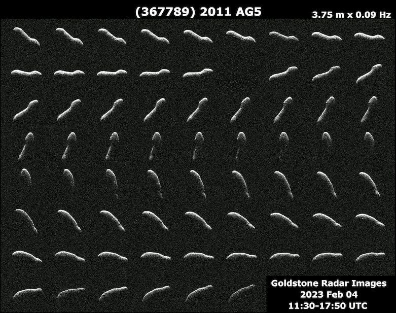 【▲ 図: 2023年2月4日に撮影された2011 AG5にのレーダー画像。細長い形状をしていることがわかる。 (Image Credit: Lance A. M. Benner/NASA/JPL-Caltech) 】