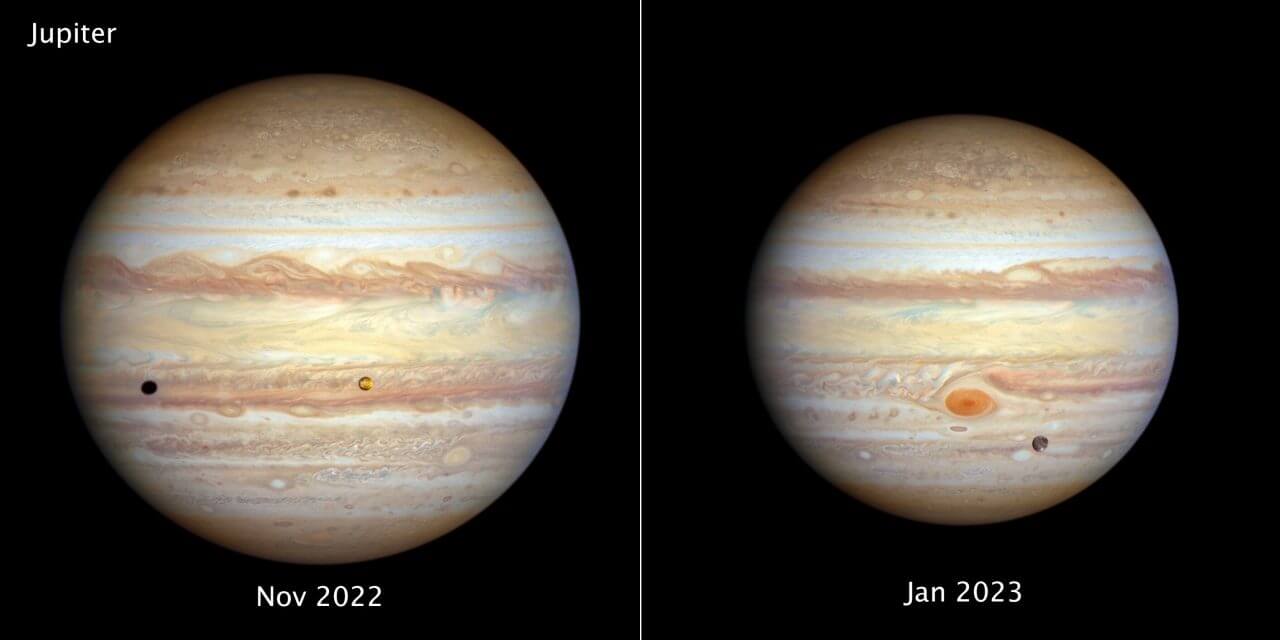 【▲ ハッブル宇宙望遠鏡の広視野カメラ3（WFC3）で2022年11月（左）と2023年1月（右）に撮影された木星を比較した画像（Credit: NASA, ESA, STScI, A. Simon (NASA-GSFC), M. H. Wong (UC Berkeley), J. DePasquale (STScI)）】
