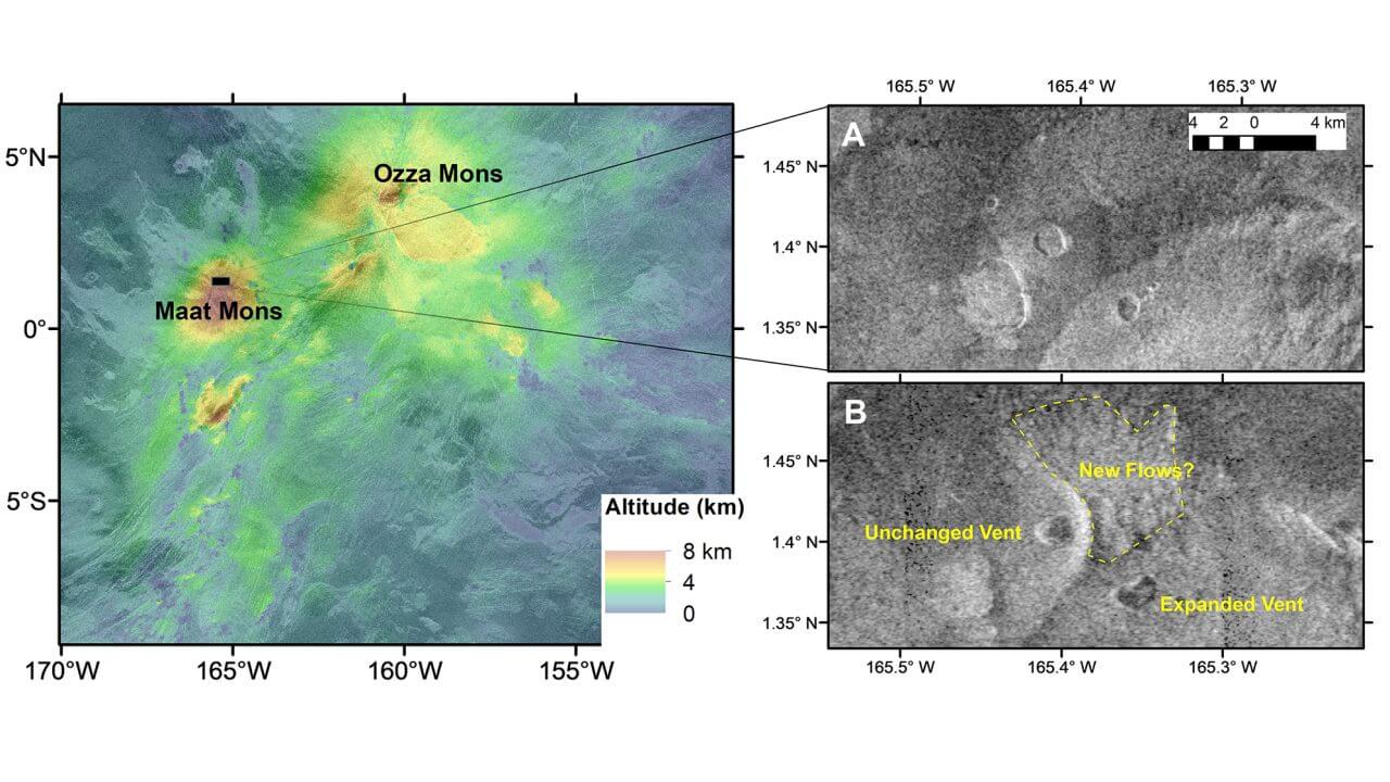 【▲ マアト山（Maat Mons）およびオッツァ山（Ozza Mons）周辺の標高データ（左）、1991年2月中旬（A）および同年10月中旬（B）にレーダーで取得された画像を示した図。AとBの画像下側に写っている火口の形が変化しており、その北側では広範囲に地形の変化がみられる（Credit: Robert Herrick/UAF）】