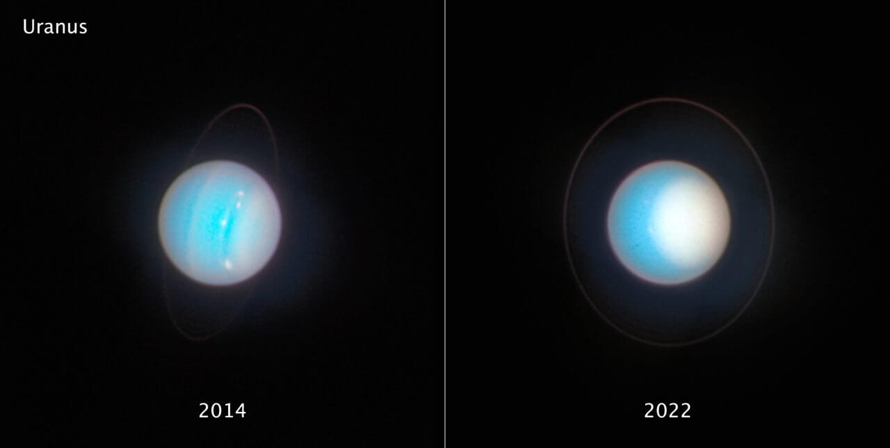 【▲ ハッブル宇宙望遠鏡の広視野カメラ3（WFC3）で2014年11月（左）と2022年11月（右）に撮影された天王星を比較した画像（Credit: NASA, ESA, STScI, A. Simon (NASA-GSFC), M. H. Wong (UC Berkeley), J. DePasquale (STScI)）】