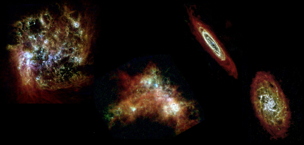 左から順に大マゼラン雲、小マゼラン雲、アンドロメダ銀河、さんかく座銀河の４つの局所銀河。色のちがいは、水素ガス[赤]、冷たい塵[緑]、暖かい塵[青]を示しています（Credit: Christopher JR Clark et al）