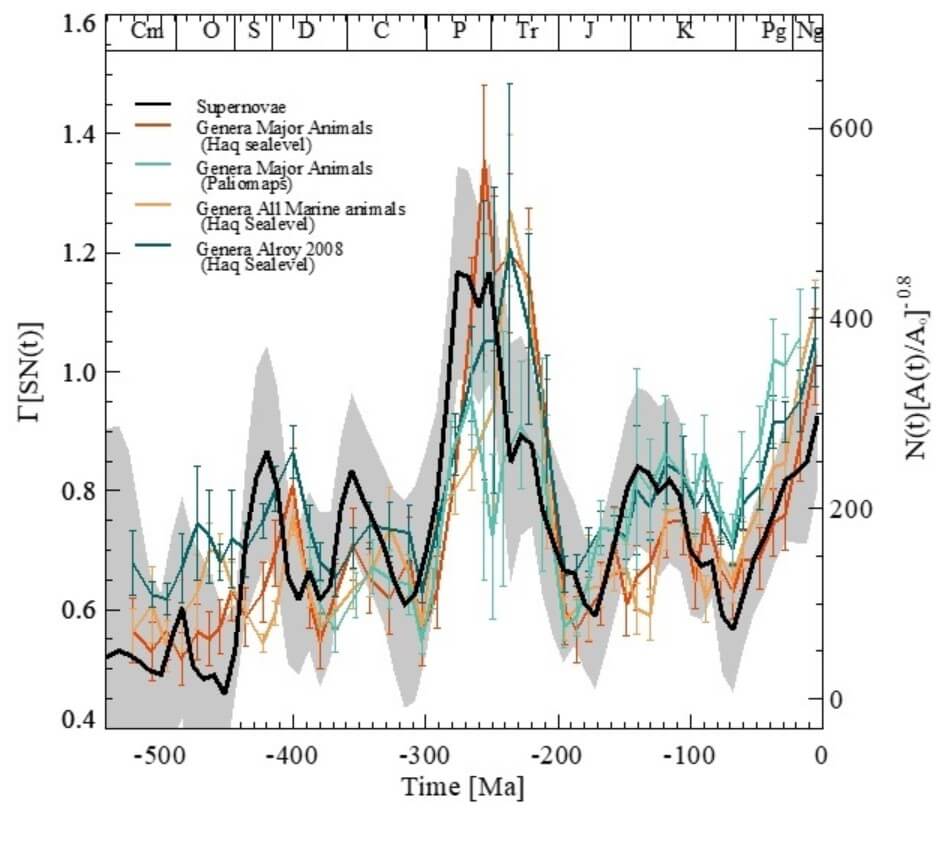 超新星の相対的発生頻度[黒曲線]と海洋縁辺部の浅い海域での海洋生物の属レベルの生物多様性[茶色から濃い緑色までの曲線]とを比較した図