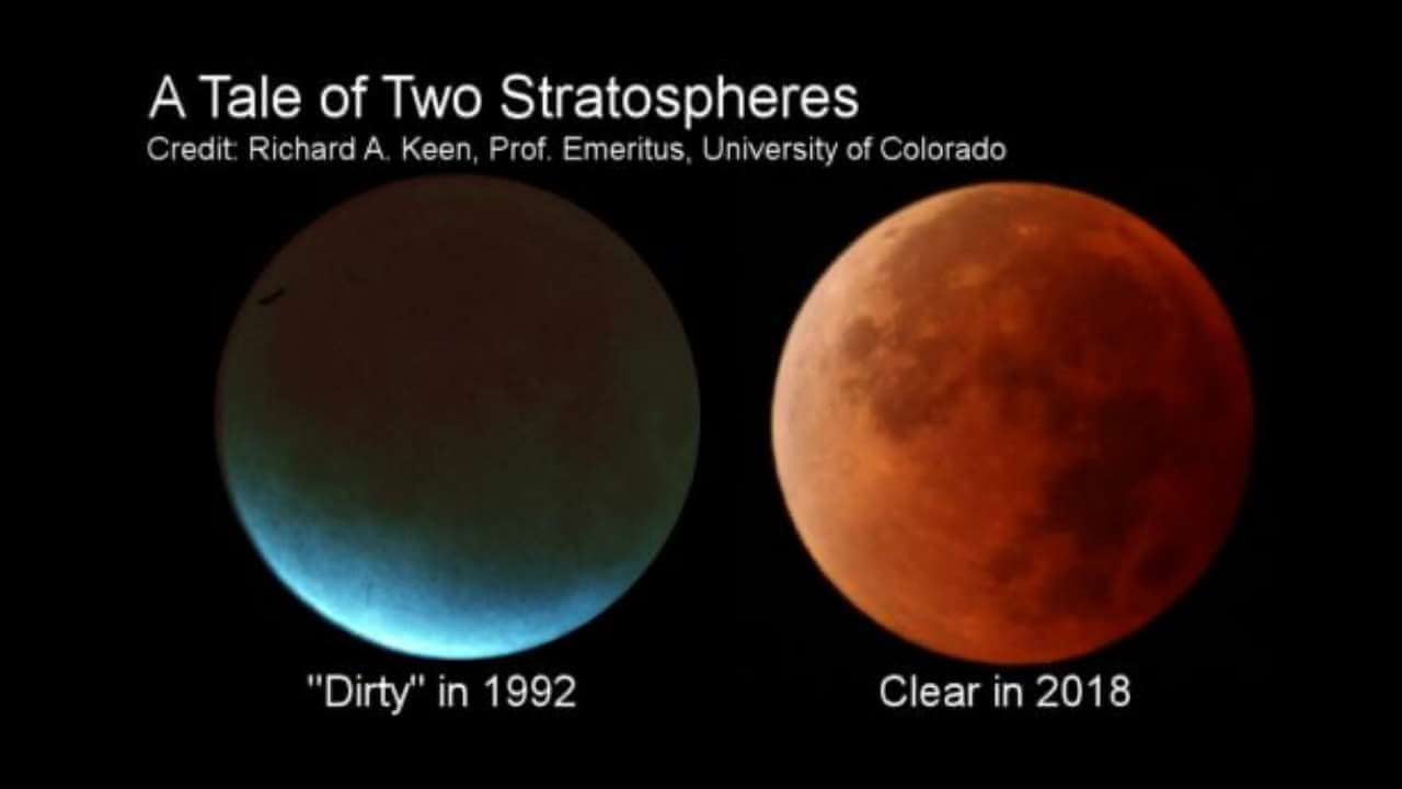 【▲ 図1: 1992年12月9日 (左) と2018年1月31日 (右) に発生した皆既月食の写真。約1年半前の1991年6月に発生したピナトゥボ山の大規模噴火の影響により、1992年の皆既月食はほとんど真っ暗である。 (Image Credit: Richard A. Keen) 】