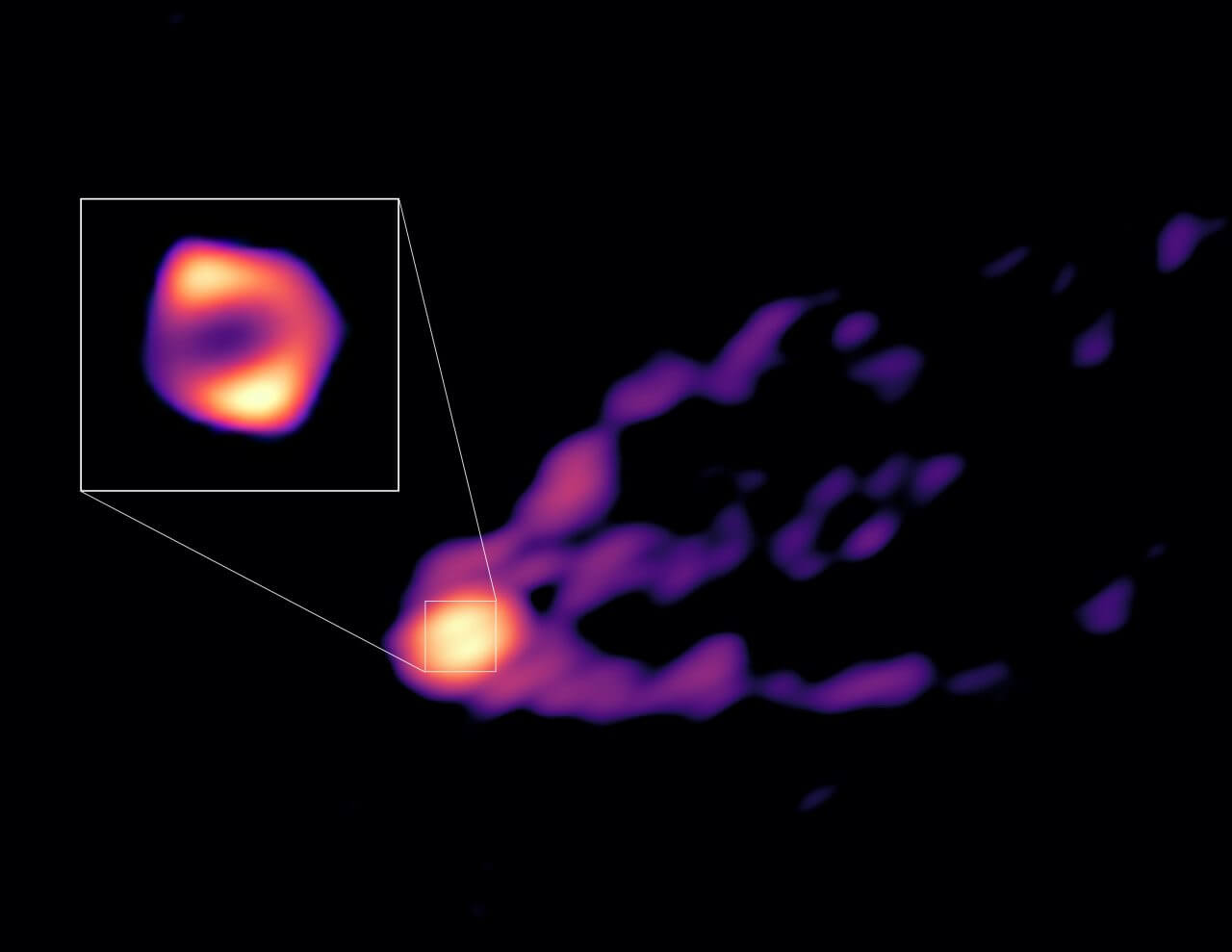 【▲ グローバルミリ波VLBI観測網（GMVA）にアルマ望遠鏡（ALMA）とグリーンランド望遠鏡（GLT）を加えた体制で観測された楕円銀河「M87」の中心部。ジェットの根元（背景）と超大質量ブラックホール周辺のリング構造（拡大図）を初めて同時に捉えることに成功したという（Credit: R.-S. Lu (SHAO), E. Ros (MPIfR), S. Dagnello (NRAO/AUI/NSF)）】