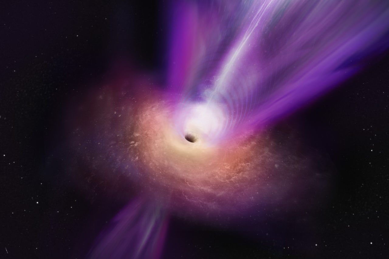 【▲ M87の中心にある超大質量ブラックホールの周辺で円盤を形成する降着流と放出されたジェットの想像図（Credit: S. Dagnello (NRAO/AUI/NSF)）】
