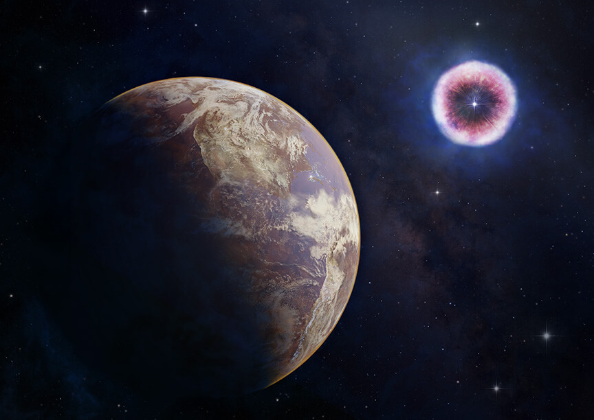 【▲ 超新星爆発（右）に由来する大量のX線の影響を受けた地球に似た惑星（左）の想像図（Credit: NASA/CXC/M. Weiss）】