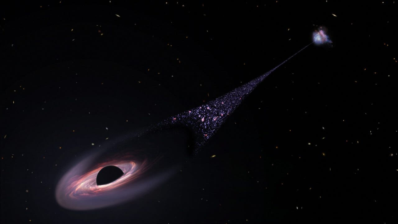 【▲ 銀河（右上）から飛び出して高速で移動する超大質量ブラックホール（左下）と、ブラックホールの航跡に沿うようにして形成された星々を描いた想像図（Credit: NASA, ESA, Leah Hustak (STScI)）】