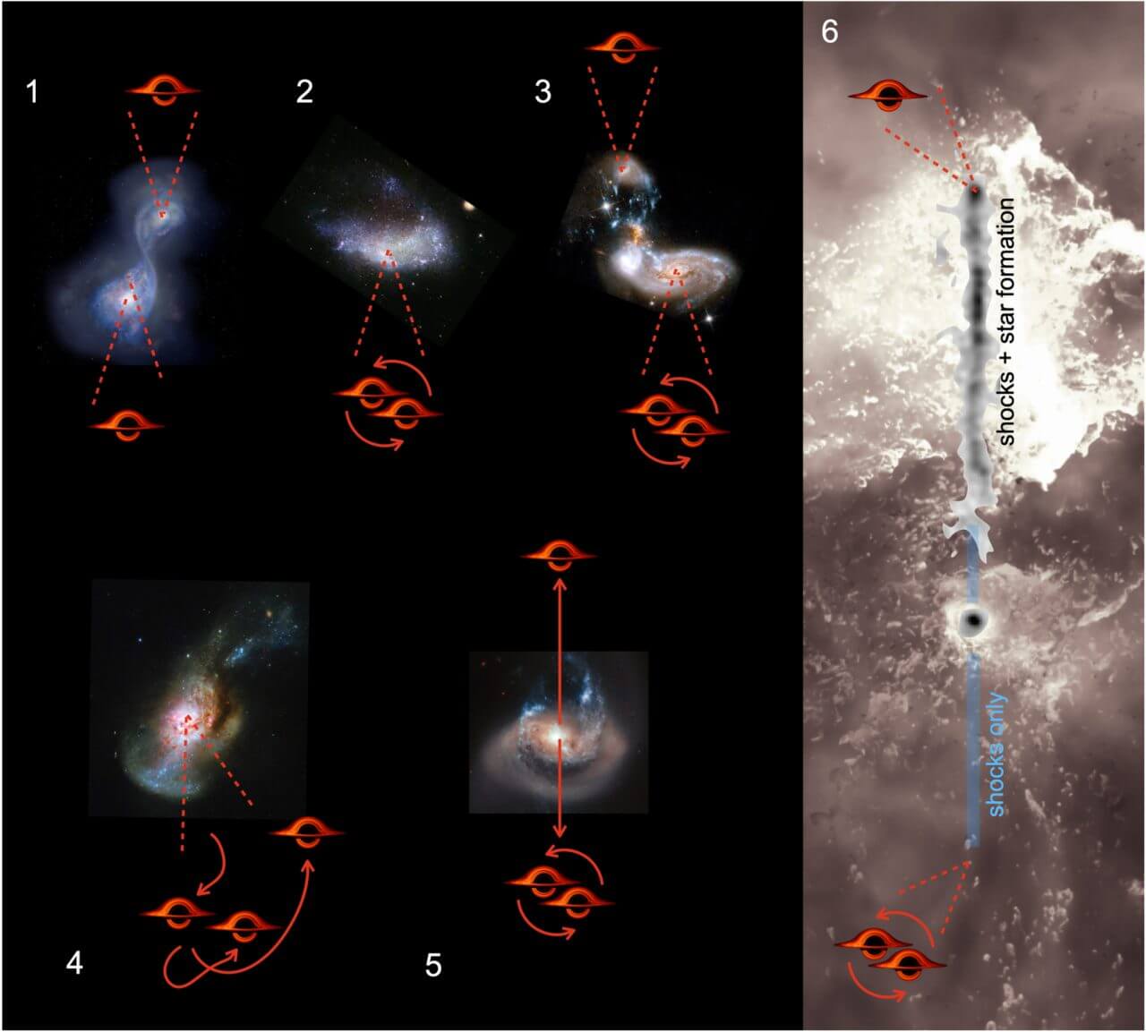 【▲ 銀河の合体と超大質量ブラックホール放出のプロセスを示した図（Credit: van Dokkum et al.）】