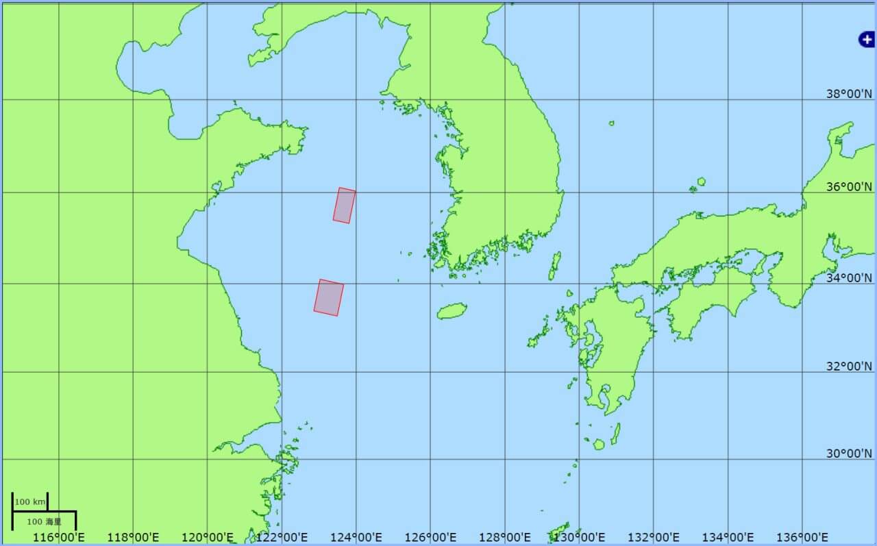 【▲ 黄海に設定された計2か所の海域を示した図。海上保安庁の水路通報・航行警報位置図から（Credit: 海上保安庁）】