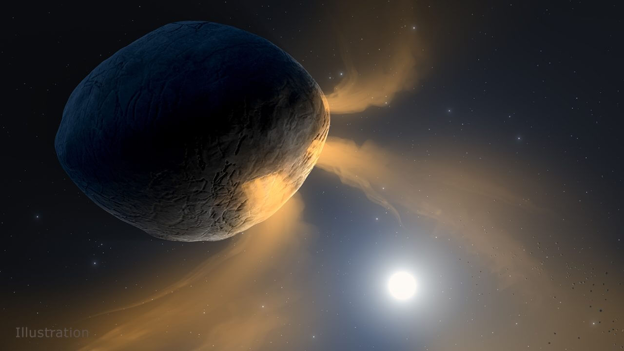 【▲ 図3: 今回の研究結果に基づくファエトンの想像図。表面の岩石からナトリウムが蒸発し、ガス状の尾が伸びている。これは、主に揮発性物質と塵で構成された普通の彗星とは全く異なる構成である。 (Image Credit: NASA/JPL-Caltech/IPAC) 】