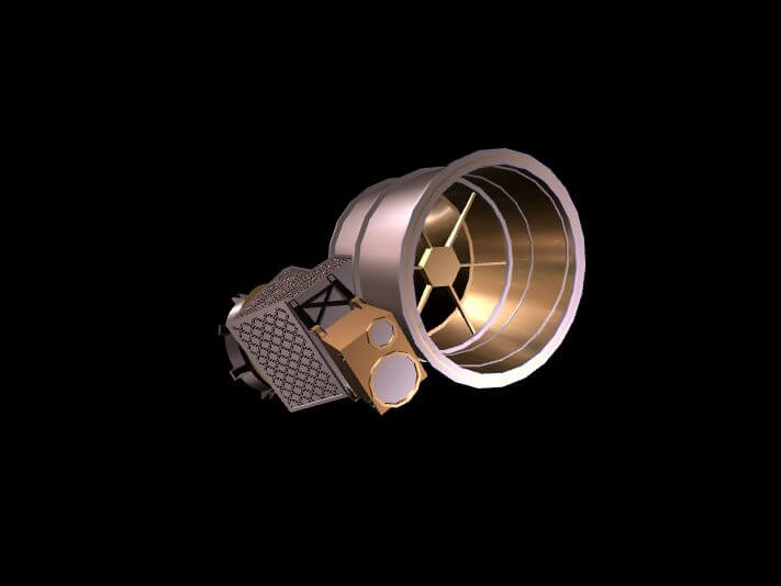 【▲ 図2: 土星探査機カッシーニに搭載された宇宙塵測定器のCG。大きなバケツのような構造をしており、バケツに入り込んだ塵の速度や成分、電荷などを測定することができる。 (Image Credit: NASA) 】