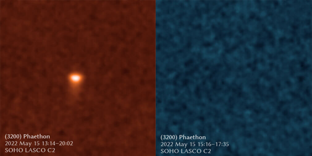 【▲ 図1: SOHOによって撮影されたファエトンの画像。ナトリウムを写すフィルター越しの写真 (左側) ではファエトンの本体が明るく写り、尾も見える。一方で、塵を写すフィルター越しの写真 (右側) では何も写っていないように見えることから、ファエトンはナトリウムガスを放出する一方で、塵を放出していないことが分かる。 (Image Credit: ESA/NASA/Qicheng Zhang) 】