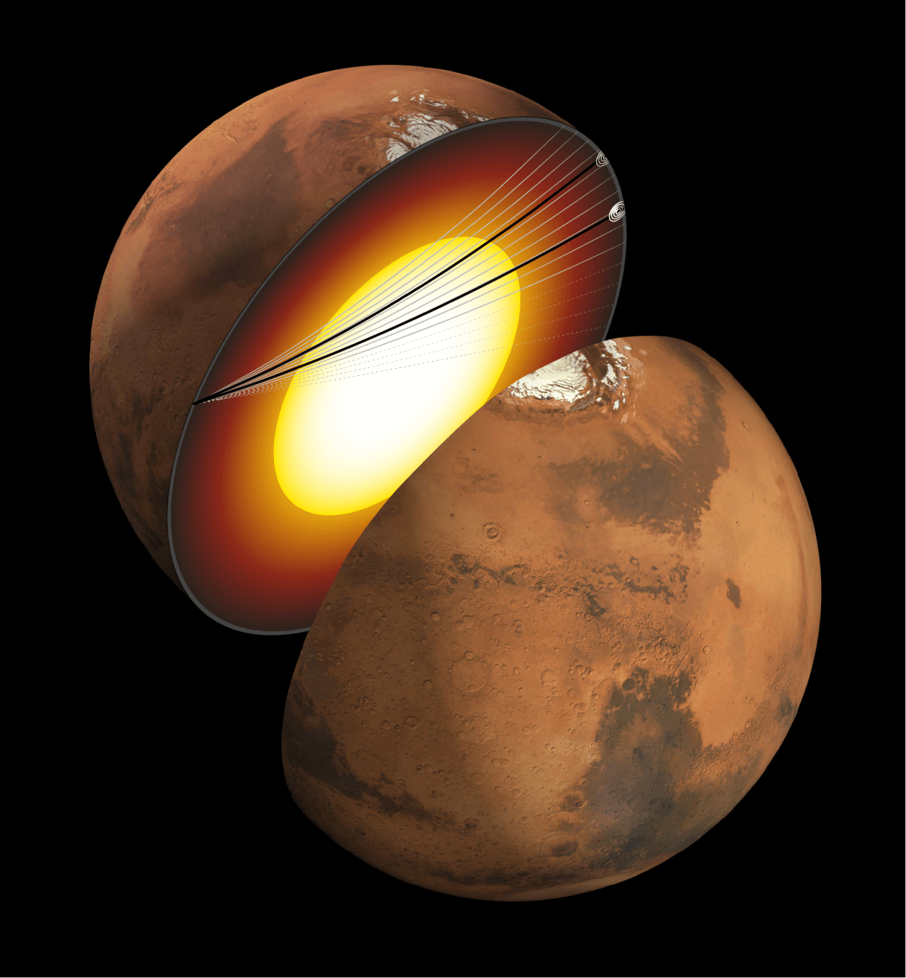 【▲ 図: 今回解析された2つの地震波は、いずれも火星の中心部を通過している。これにより、火星の核は全体が液体であることが判明した。 (Image Credit: NASA/JPL & Nicholas Schmerr.) 】