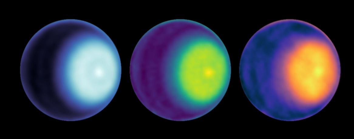 【▲ カール・ジャンスキー超大型干渉電波望遠鏡群（VLA）で2021年10月に観測された天王星。左からマイクロ波のKバンド、Kaバンド、Qバンドで観測された天王星の様子が示されている（Credit: NASA/JPL-Caltech/VLA）】