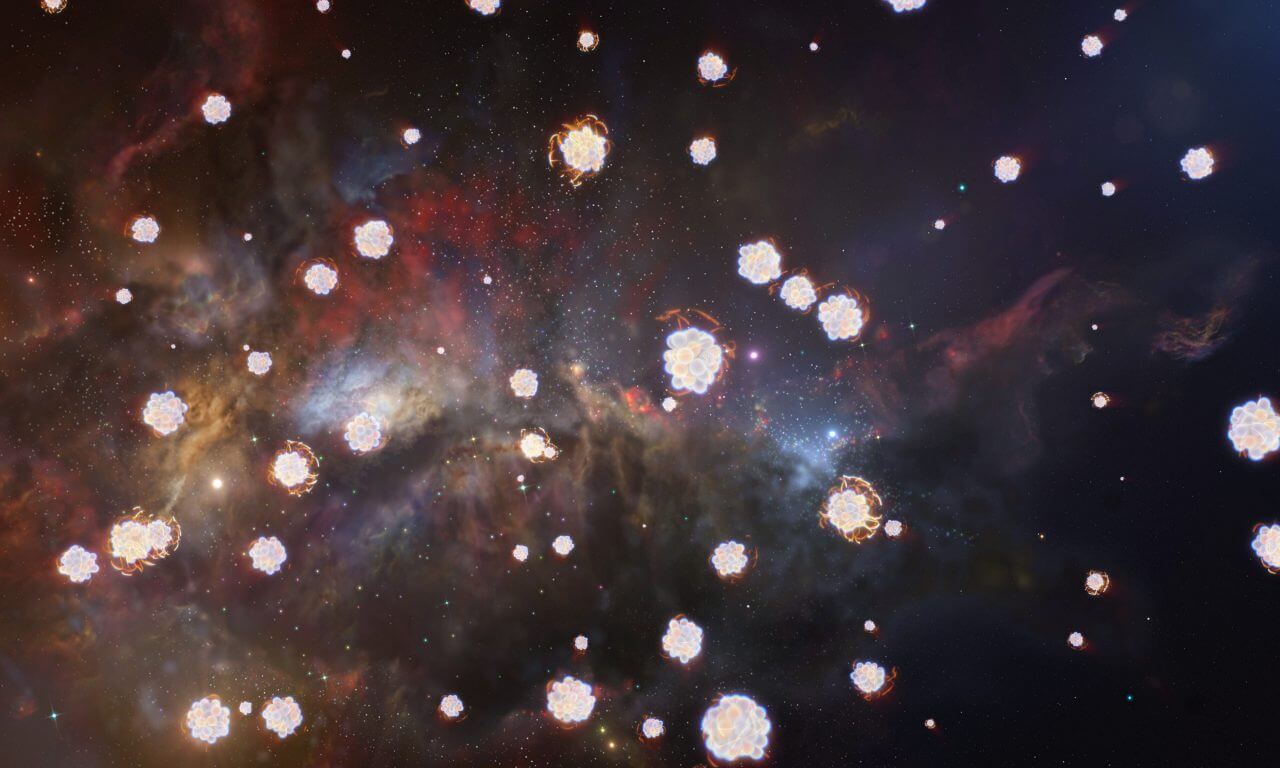 【▲ 様々な元素を含む遠方宇宙のガス雲のイメージ図（Credit: ESO/L. Calçada, M. Kornmesser）】