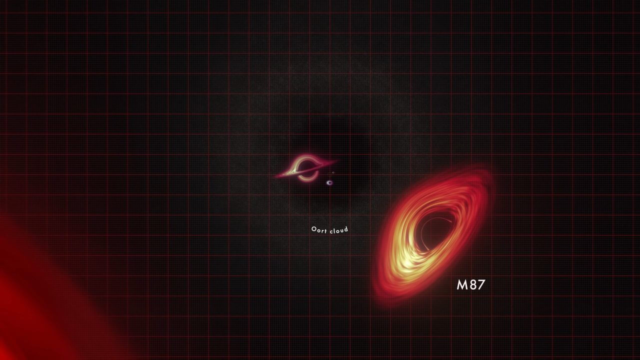 [▲ من الفيديو: ثقب أسود هائل في المجرة البيضاوية M87 (أسفل اليمين) (Credit: NASA's Goddard Space Flight Center Conceptual Image Lab)]