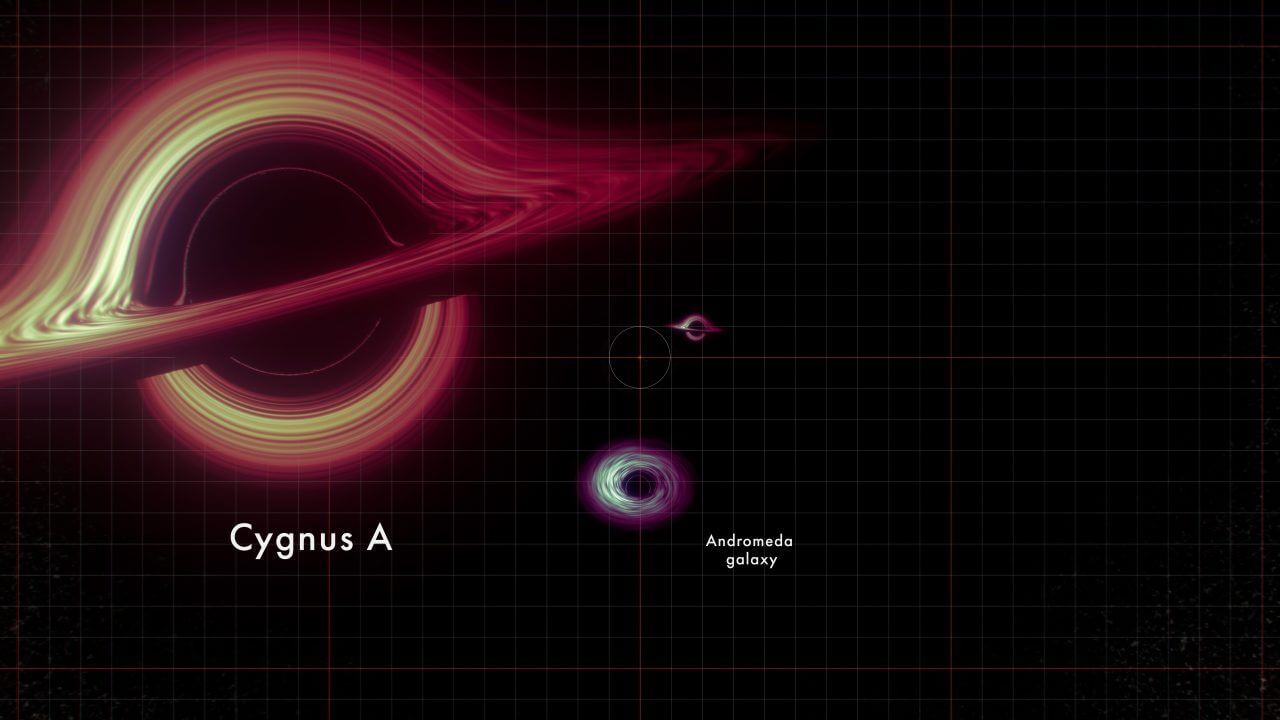 【▲ 動画から：電波銀河「はくちょう座A（Cygnus A）」と渦巻銀河「アンドロメダ銀河（Andromeda galaxy）」の中心部にある超大質量ブラックホール（Credit: NASA's Goddard Space Flight Center Conceptual Image Lab）】
