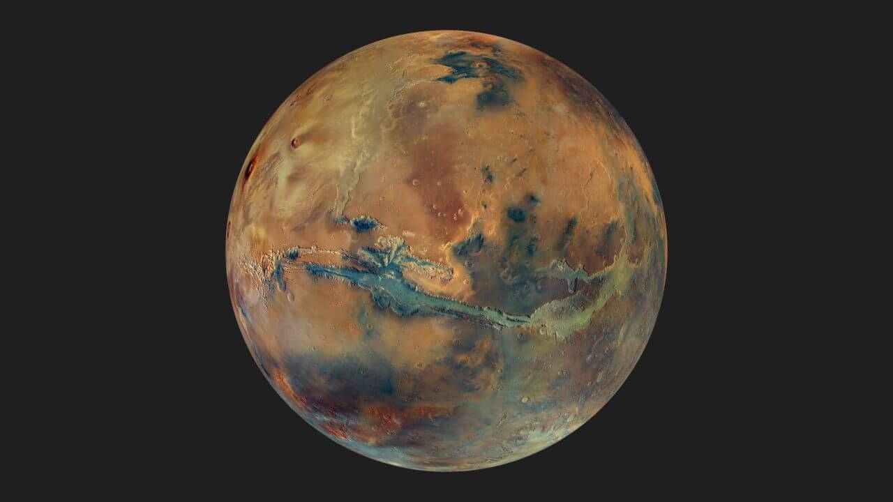 【▲ 欧州宇宙機関（ESA）の火星探査機「Mars Express（マーズ・エクスプレス）」で取得したデータをもとに作成された火星の画像（Credit: ESA/DLR/FU Berlin/G. Michael）】
