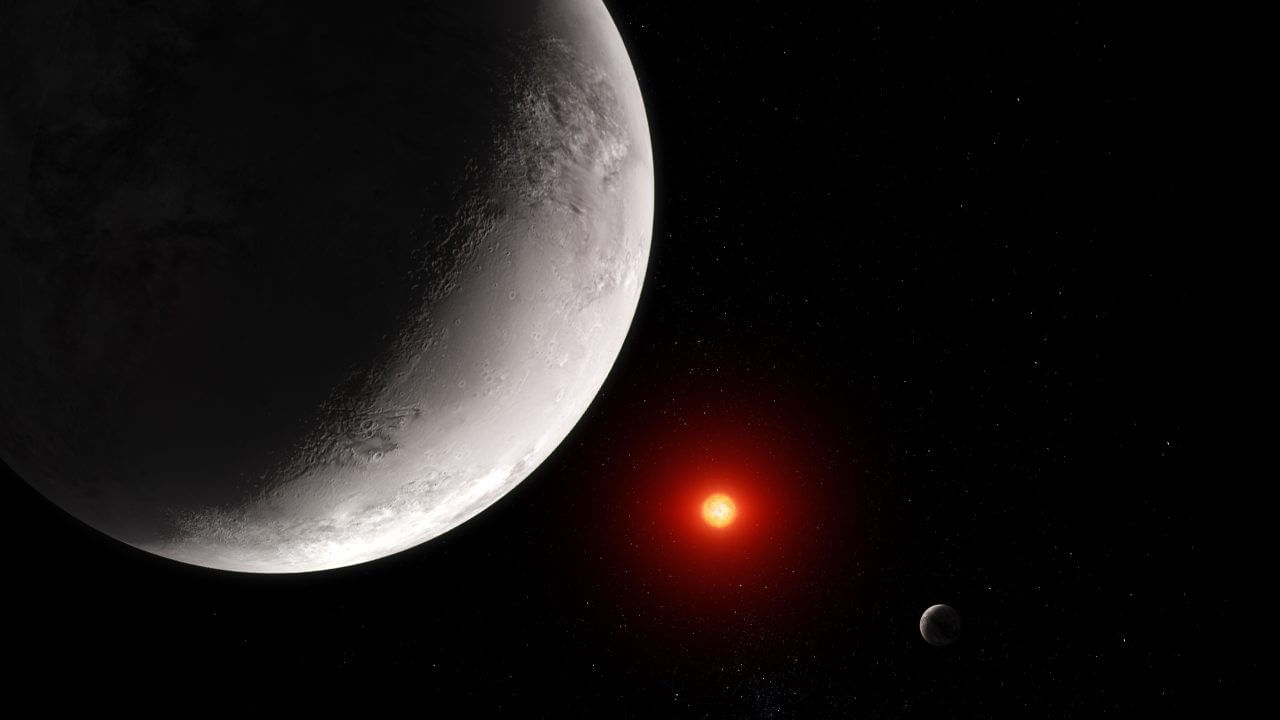 【▲ 今回の研究成果を反映した太陽系外惑星「TRAPPIST-1 c」（左）の想像図（Credit: Illustration: NASA, ESA, CSA, Joseph Olmsted (STScI); Science: Sebastian Zieba (MPI-A), Laura Kreidberg (MPI-A)）】