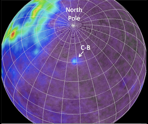 【▲ 図1: NASAの月探査機ルナ・プロスペクターで観測された北極点周辺のガンマ線量。月の裏側は放射性元素が少ないが、コンプトン-ベルコヴィッチは例外的に豊富な地域の1つである。 (Image Credit: NASA, GSFC, ASU, WUSTL & B. Jolliff) 】