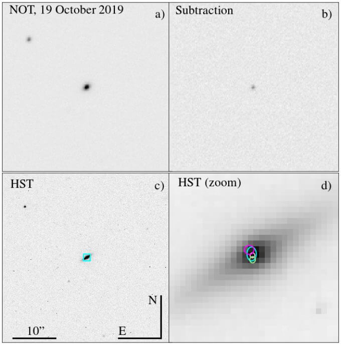 【▲ 図1: ロングガンマ線バースト「GRB 191019A」と、それが出現した銀河の画像。 (a) 北欧光学望遠鏡の撮影画像。 (b) GRB 191019A出現前に撮影された画像と比較した明るさ変化の差分。黒い点がGRB 191019Aによる増光分。 (c) ハッブル宇宙望遠鏡の撮影画像。 (d) 画像cの拡大写真。円は推定されるGRB 191019Aの位置。円の色は使用された観測波長を意味しており、波長によって推定位置が少しずつ異なることが示されているが、いずれも銀河の中心部に極めて近い位置にある。 (Image Credit: Andrew J. Levan, et.al.) 】