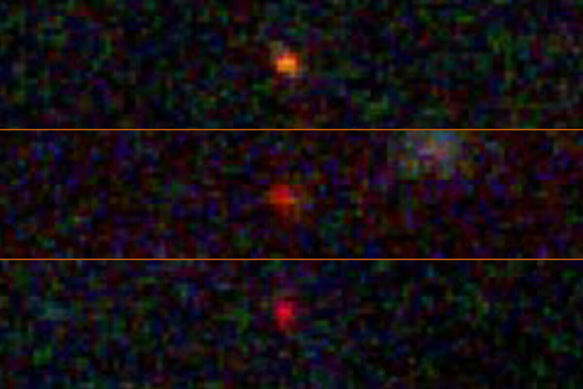 【▲ 図2: ジェイムズ・ウェッブ宇宙望遠鏡が撮影した初期の銀河とされる天体。上からJADES-GS-z11-0、JADES-GS-z12-0、JADES-GS-z13-0。今回のFreese氏らの研究が正しい場合、これは銀河ではなく暗黒星の画像であることになる。 (Image Credit: NASA & ESA) 】