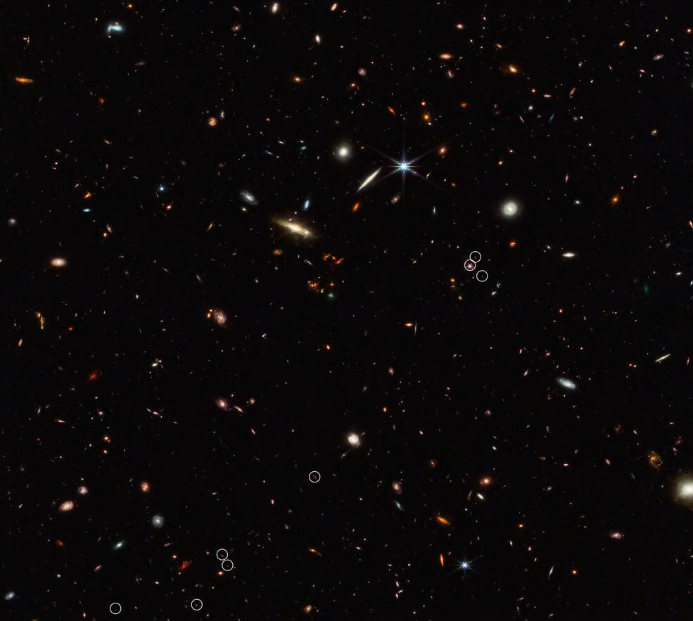【▲ 図: 今回見つかった、10個のクエーサーから成る長さ約300万光年のフィラメント構造。画像右側の白丸で示された3つの天体のうち、ひときわ明るく見えるものがJ0305-3150。 (NASA, ESA, CSA, Feige Wang (University of Arizona) &amp; Joseph DePasquale (STScI) ) 】