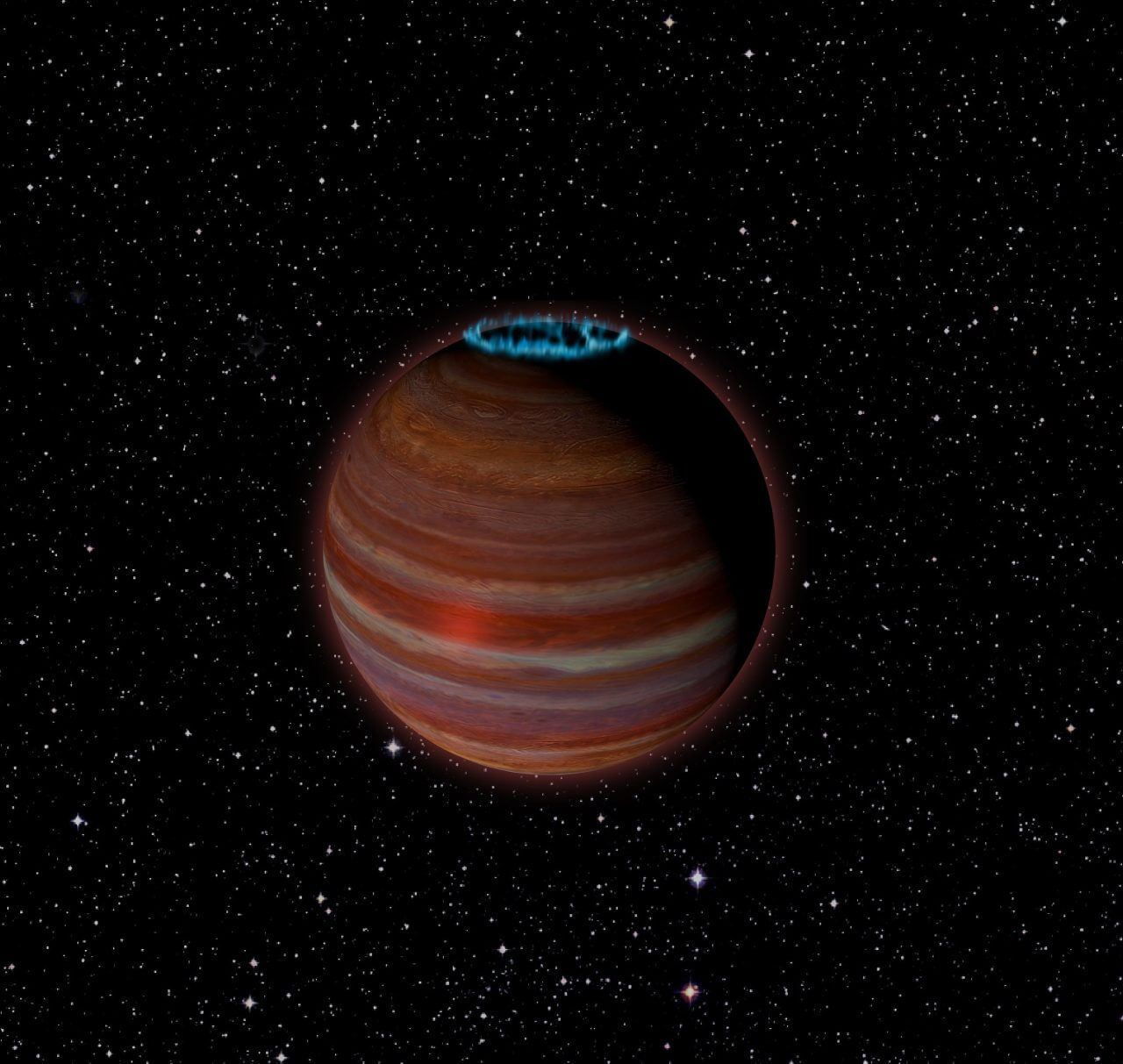【▲ 図1: 強力な磁場とオーロラを持つ褐色矮星の想像図。 (Image Credit: NRAO/AUI/NSF) 】