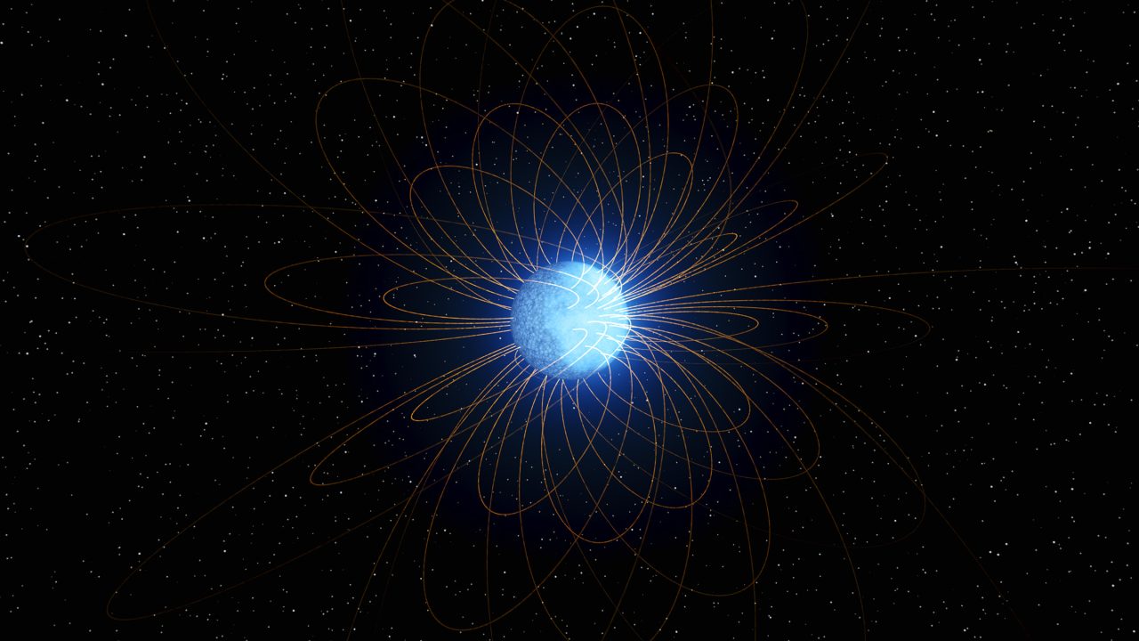 【▲ 白色矮星「ZTF J203349.8+322901.1」とその磁場を描いた想像図。表面に現れた二面性は磁場の影響ではないかと考えられている（Credit: K. Miller, Caltech/IPAC）】