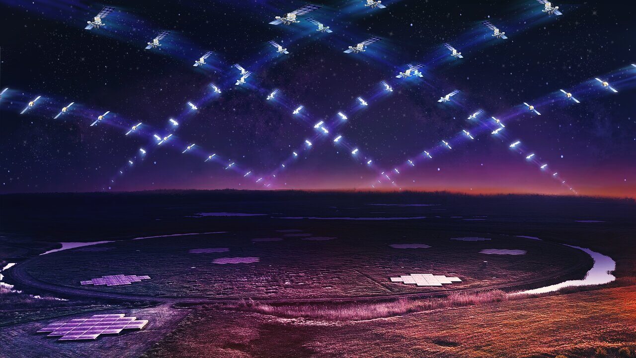 【▲ LOFARの上空を通過する大規模な衛星コンステレーションのイメージ図（Credit: Daniëlle Futselaar）】