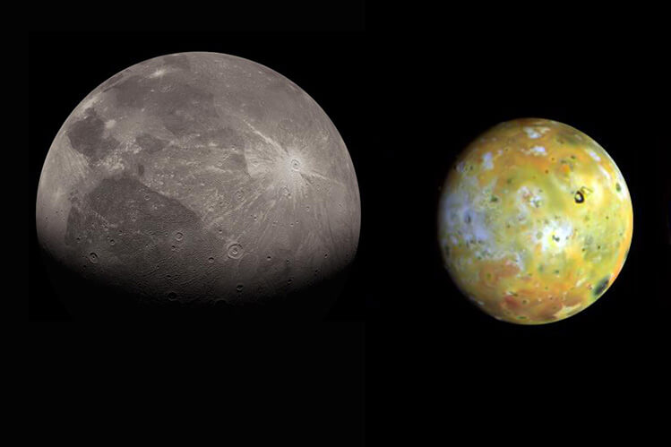 【▲ 図1: 可視光で撮影された木星の衛星ガニメデ（左）とイオ（右） (Image Credit: NASA, JPL, USGS) 】