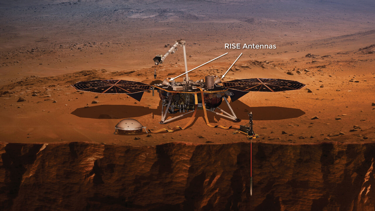 【▲ 図1: インサイトに取りつけられたRISEは、地球から送信された電波を跳ね返し、火星の自転速度を計測するデータとするための装置である。 (Image Credit: NASA, JPL-Caltech) 】