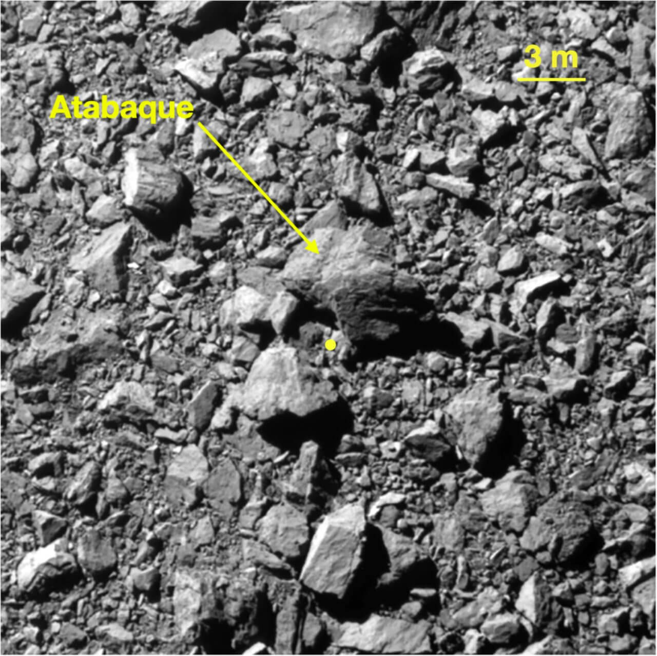 【▲ 図3: DARTが衝突2秒前に撮影したディモルフォスの表面の様子。大小さまざまな岩で覆われていることが分かる。中央の黄色い点が推定衝突場所。矢印で示された岩は、衝突までの目印に利用されたアタバキ岩塊 (Atabaque Saxum) 。 (Image Credit: NASA, Johns Hopkins APL) 】