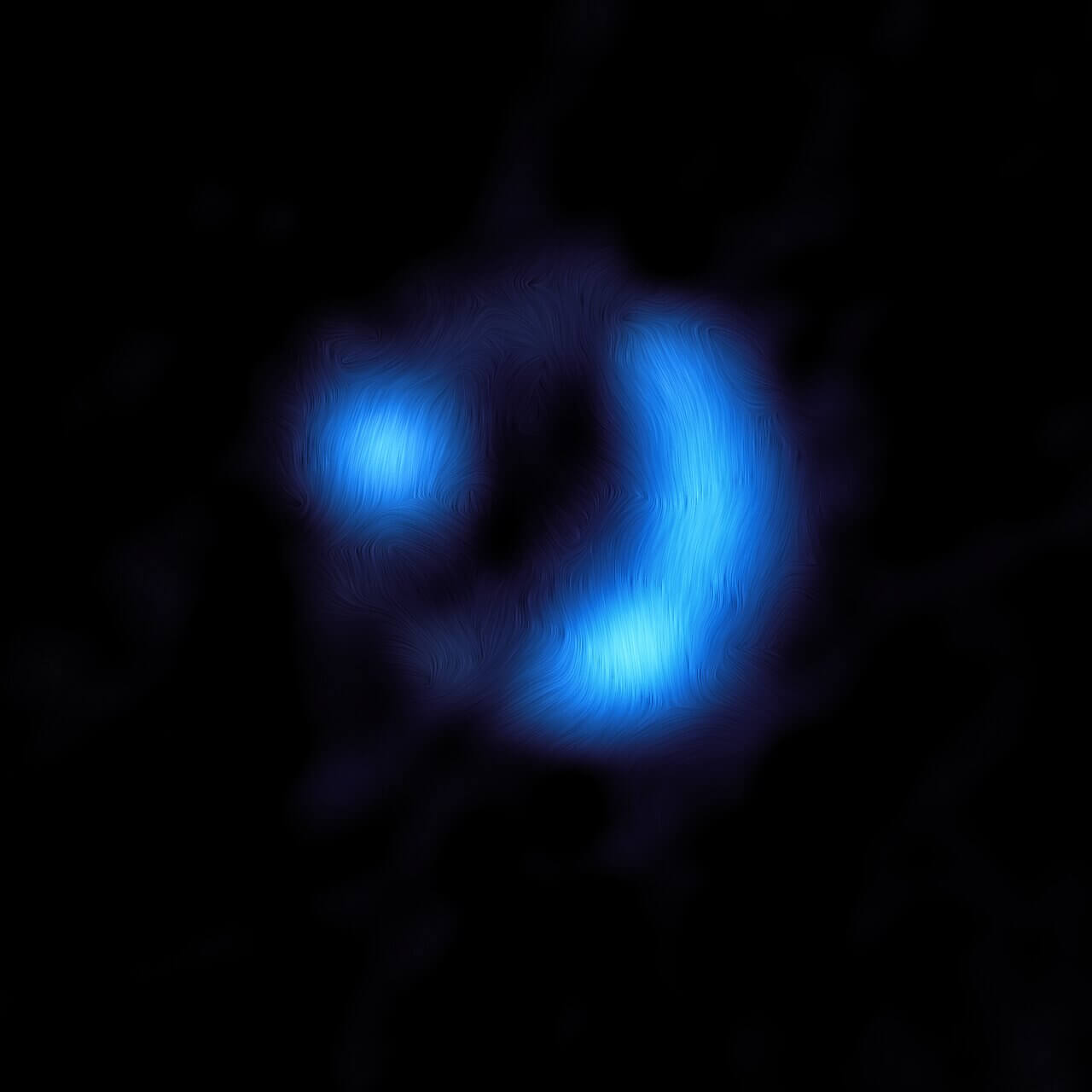 【▲ 図1: 電波で捉えられた9io9の画像に磁気の向きを書き加えたもの。2つに分裂して見えるのは重力レンズ効果による像の歪みのため。 (Image Credit: ALMA (ESO, NAOJ, NRAO) , J. Geach et al.) 】