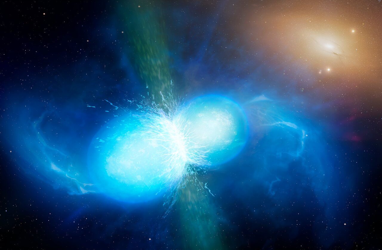 【▲図1: 中性子星同士の衝突時の想像図。衝突点は最高で1兆℃、その周辺も数百億℃以上の超高温環境となり、非常に重い元素を大量に生み出すと考えられています。 (Image Credit: University of Warwick, Mark Garlick) 】