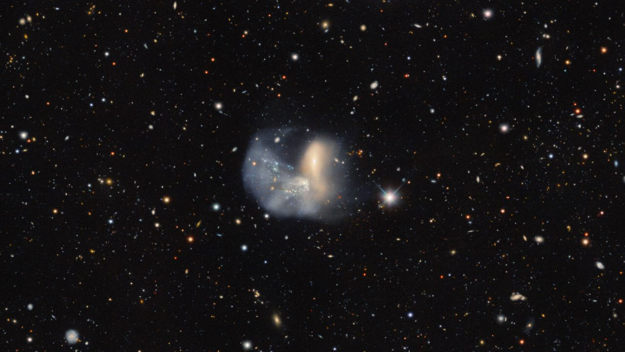 【▲ 相互作用銀河「NGC 454」。左は不規則銀河「NGC 454W」、右は楕円銀河「NGC 454E」と呼ばれている（Credit: DESI Legacy Imaging Surveys/LBNL/DOE & KPNO/CTIO/NOIRLab/NSF/AURA, Image processing: T.A. Rector (University of Alaska Anchorage/NSF’s NOIRLab), J. Miller (Gemini Observatory/NSF’s NOIRLab), M. Rodriguez (Gemini Observatory/NSF’s NOIRLab) & M. Zamani (NSF’s NOIRLab)）】