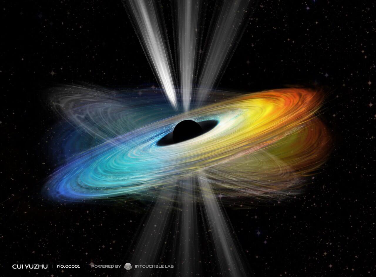 【▲ 自転する超大質量ブラックホールの周囲で歳差運動する降着円盤とジェットの想像図（Credit: Cui et al. (2023), Intouchable Lab@Openverse, Zhejiang Lab.）】