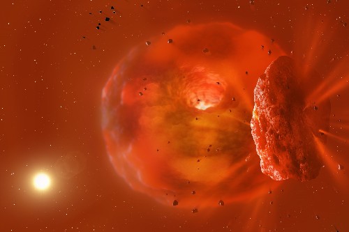【▲ 図1: 2つの巨大氷惑星が衝突したASASSN-21qjの想像図。 (Image Credit: Mark Garlick) 】