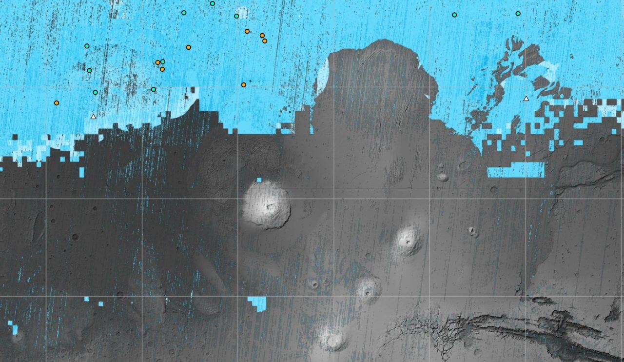 【▲ SWIMプロジェクトで作成された火星の表面下1～5mの水の氷の分布を示した地図（Credit: NASA/JPL-Caltech/Planetary Science Institute）】