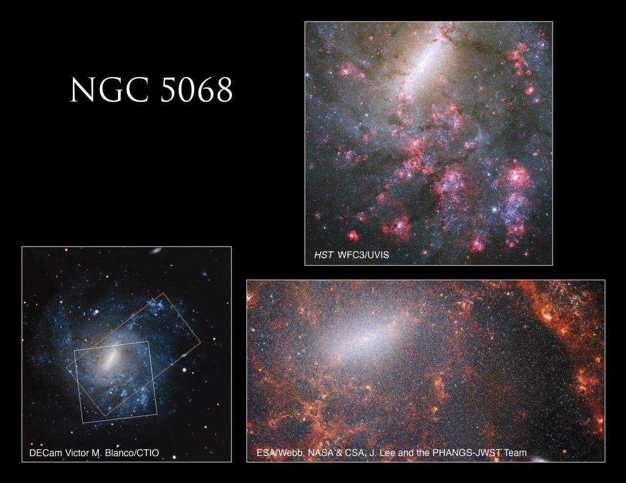 【▲ 棒渦巻銀河「NGC 5068」の全体像（左下）に、ハッブル宇宙望遠鏡で撮影した画像（右上）の範囲とジェイムズ・ウェッブ宇宙望遠鏡で撮影した画像（右下）の範囲を示した図（Credit: NASA, ESA, R. Chandar (University of Toledo), and J. Lee (STScI); Processing: Gladys Kober (NASA/Catholic University of America), DECam, Victor M. Blanco/CTIO, CSA, J. Lee and the PHANGS-JWST Team）】