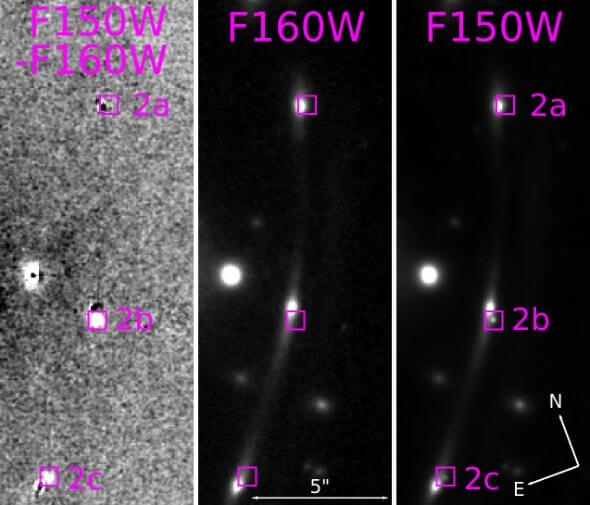 【▲図1: 紫色の四角内にある明るい点が、今回発見されたIa型超新星「SN H0pe」です。重力レンズ効果によって3つの像に分裂しています。明るい銀河本体からわずかにズレた位置にあることから、ごく近くにある矮小銀河が発生源であると推定されています。 (Image Credit: Brenda L. Frye, et al.) 】