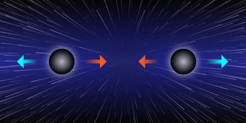 【▲ 図1: 宇宙の膨張による分離と、重力による接近が釣り合っている場合、2つのブラックホールは距離を保ったまま動かなくなります。今回の研究はそのような状況が理論的に存在すること、この釣り合いが取れた2つのブラックホールを遠くから見ると、1つのブラックホールのようにも見えることを明らかにしました。 (Image Credit: APS, Alan Stonebraker) 】