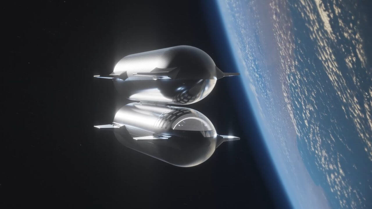 【▲ 推進剤補給のために地球低軌道でタンカーとドッキングするスターシップ宇宙船の想像図（Credit: SpaceX）】
