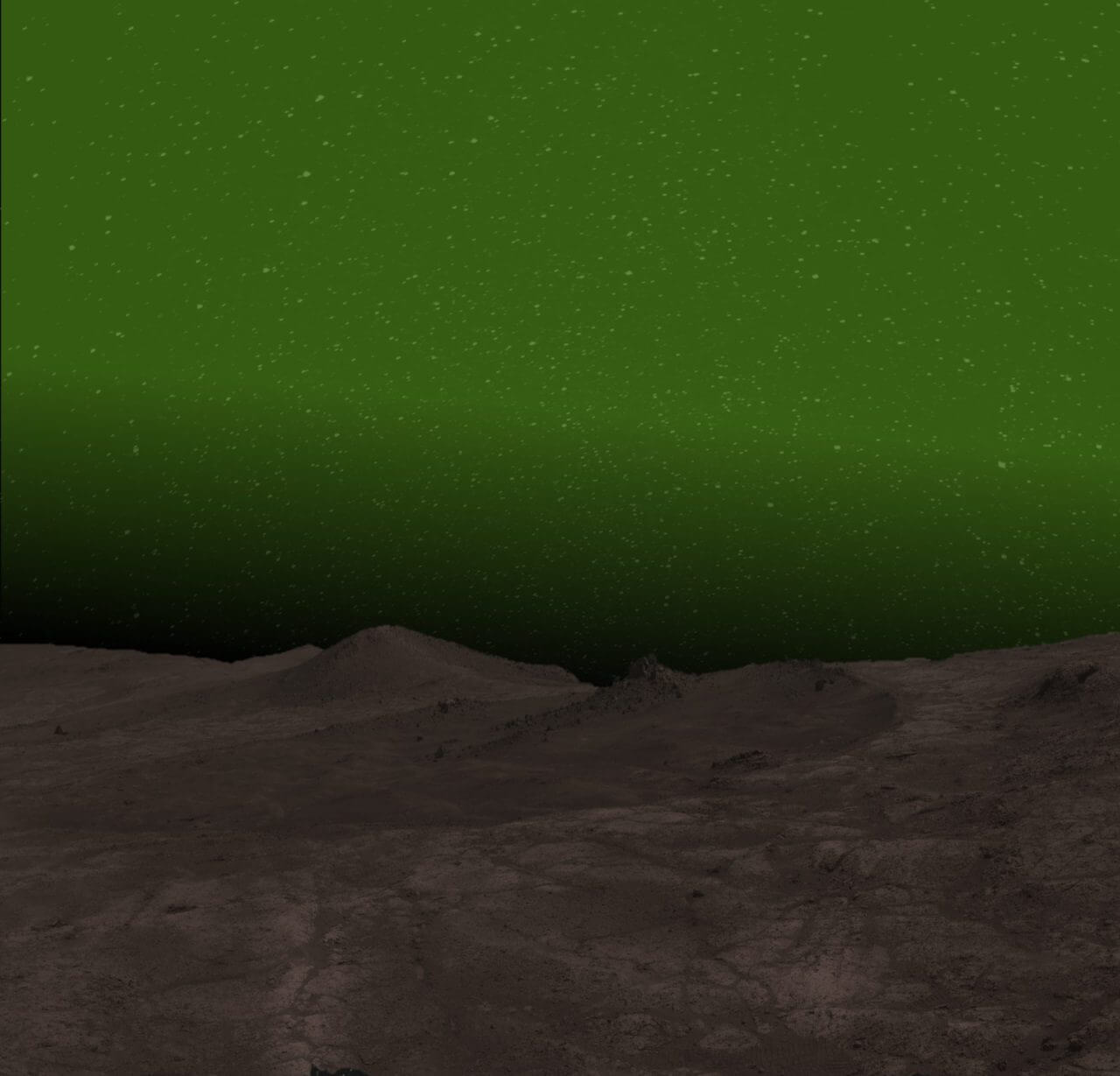 【▲図1: 今回観測された火星の大気光を地上から見た時の想像図。条件が良ければ、夜空が緑色に見えるほど明るいと推定されています。 (Image Credit:NASA, JPL-Caltech, Cornell University & Arizona State University– E. W. Knutsen) 】