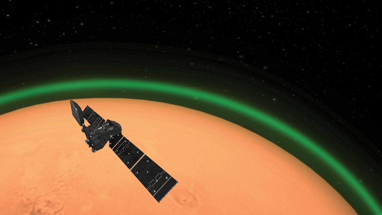 【▲図3: 火星の大気光観測のイメージ図。TGOによる大気光の観測では、弱い光を観測できるように火星の縁に焦点を当てました。 (Image Credit: ESA) 】