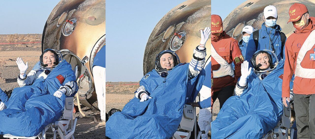 【▲ 帰還した3名の宇宙飛行士。左から：景海鵬宇宙飛行士、朱楊柱宇宙飛行士、桂海潮宇宙飛行士（Credit: CASC）】